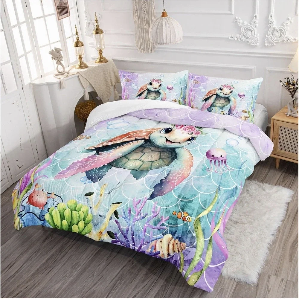 Cartoon Sea Turtle Comforter Set‎ Mermaid Scale Turtle Printed Bedding Set